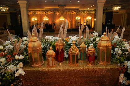 Floral detail and Tablescape — Sangeet decor — St. Regis